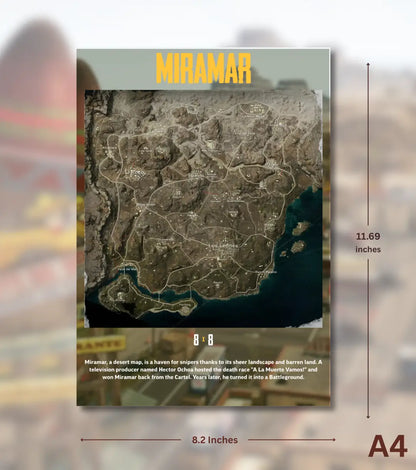 BGMI Map Wall Art Set – Erangel Miramar Sanhok & Vikendi | 300 GSM Matte Poster - Miramar / A4 / Unframed - BGMI/PUBG