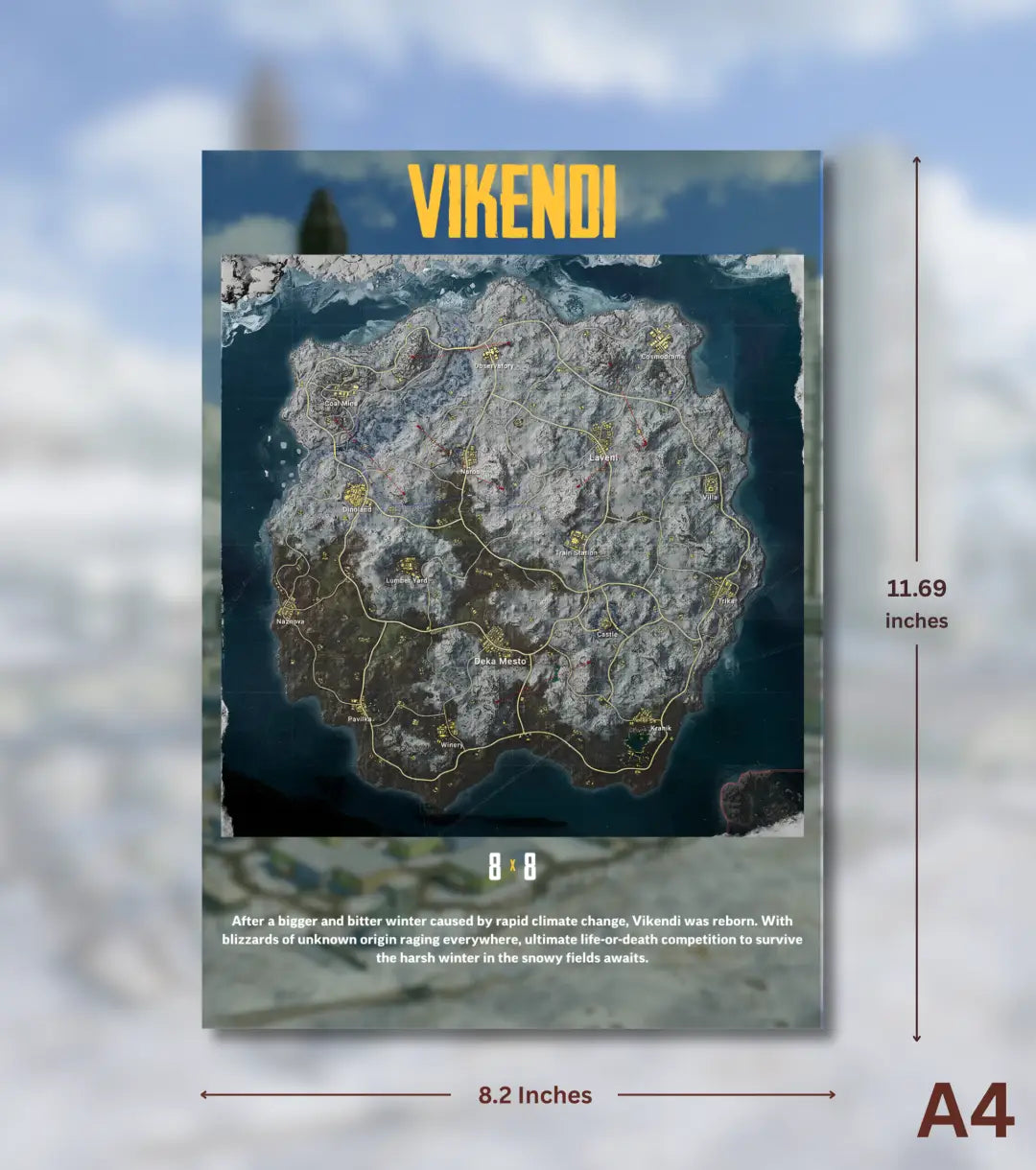 BGMI Map Wall Art Set – Erangel Miramar Sanhok & Vikendi | 300 GSM Matte Poster - Vikendi / A4 / Unframed - BGMI/PUBG