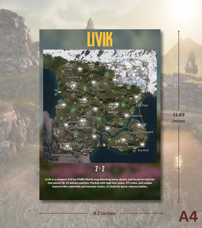 BGMI Map Wall Art Set – Erangel Miramar Sanhok & Vikendi | 300 GSM Matte Poster - Livik / A4 / Unframed - BGMI/PUBG