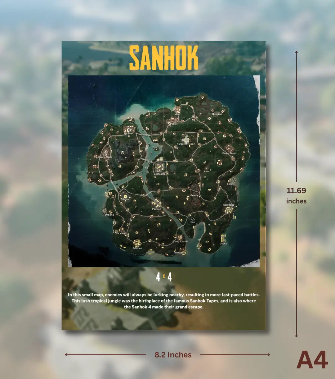 BGMI Map Wall Art Set – Erangel Miramar Sanhok & Vikendi | 300 GSM Matte Poster - Sanhok / A4 / Unframed - BGMI/PUBG