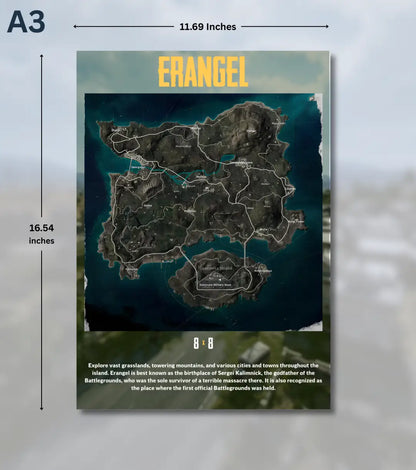 BGMI Map Wall Art Set – Erangel Miramar Sanhok & Vikendi | 300 GSM Matte Poster - Erangel / A3 / Unframed - BGMI/PUBG