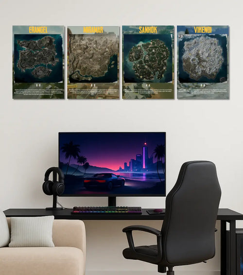BGMI Map Wall Art Set – Erangel Miramar Sanhok & Vikendi | 300 GSM Matte Poster - Full Set / A4 / Unframed - BGMI/PUBG