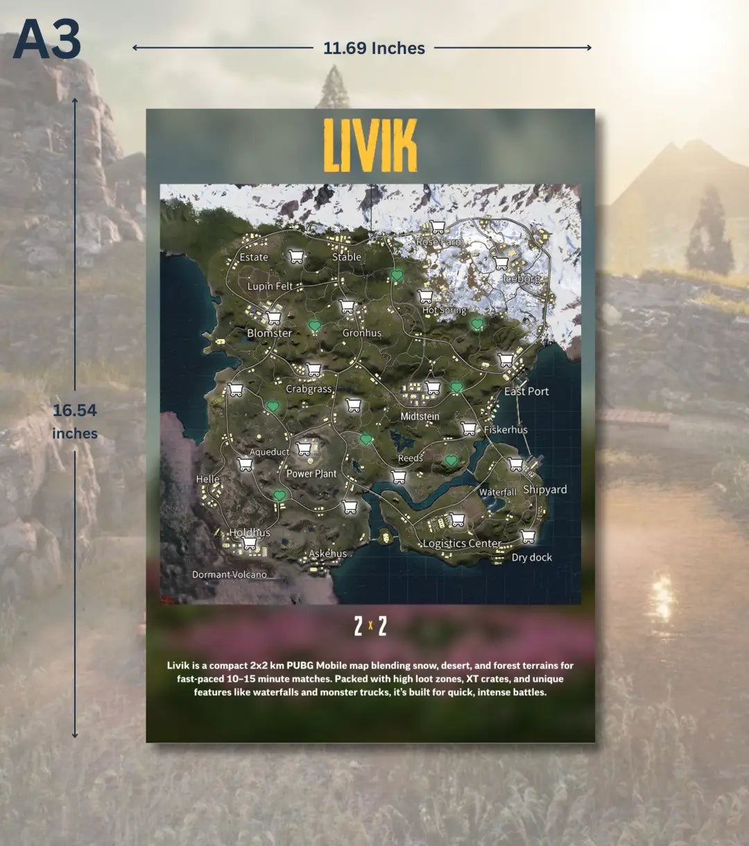 BGMI Map Wall Art Set – Erangel Miramar Sanhok & Vikendi | 300 GSM Matte Poster - Livik / A3 / Unframed - BGMI/PUBG