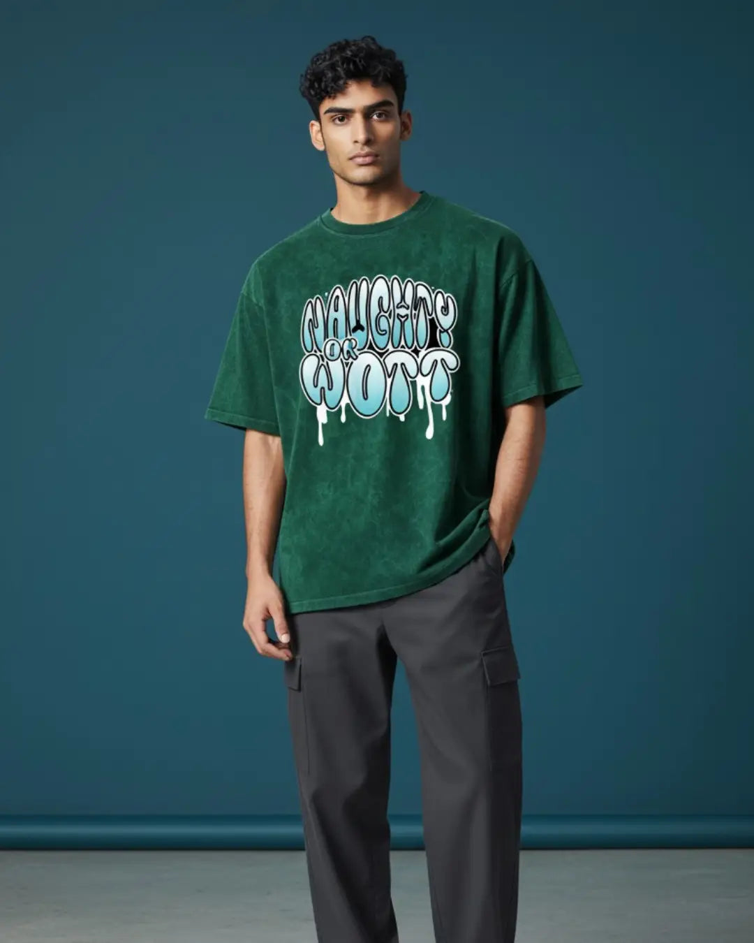 BGMI Naughty Or Wott – OG Streetwear Acid Wash Oversized T-Shirt | 240 GSM Heavyweight Tee - Bottle Green / S