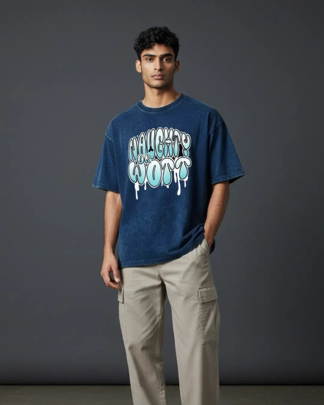 BGMI Naughty Or Wott – OG Streetwear Acid Wash Oversized T-Shirt | 240 GSM Heavyweight Tee - Navy / S - BGMI/PUBG