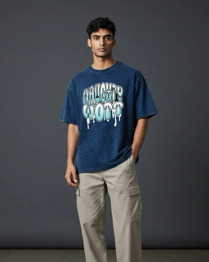 BGMI Naughty Or Wott – OG Streetwear Acid Wash Oversized T-Shirt | 240 GSM Heavyweight Tee - Navy / S - BGMI/PUBG