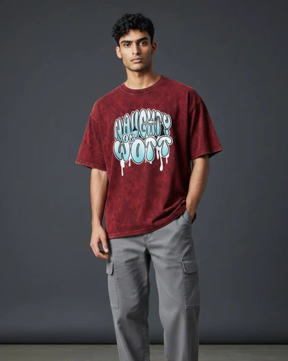 BGMI Naughty Or Wott – OG Streetwear Acid Wash Oversized T-Shirt | 240 GSM Heavyweight Tee - Maroon / S - BGMI/PUBG