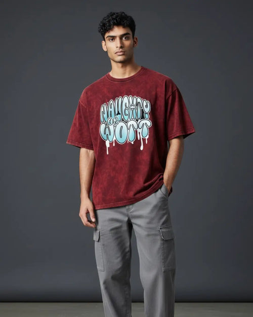 BGMI Naughty Or Wott – OG Streetwear Acid Wash Oversized T-Shirt | 240 GSM Heavyweight Tee - Maroon / S - BGMI/PUBG