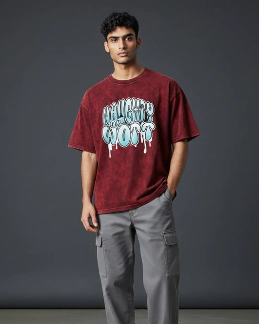 BGMI Naughty Or Wott – OG Streetwear Acid Wash Oversized T-Shirt | 240 GSM Heavyweight Tee - Maroon / S - BGMI/PUBG