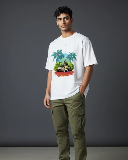 BGMI Pixel Drop Winner Oversized T-Shirt – Retro Battle Royale Tee | 240 GSM Heavyweight Gamer Tee - White / XS