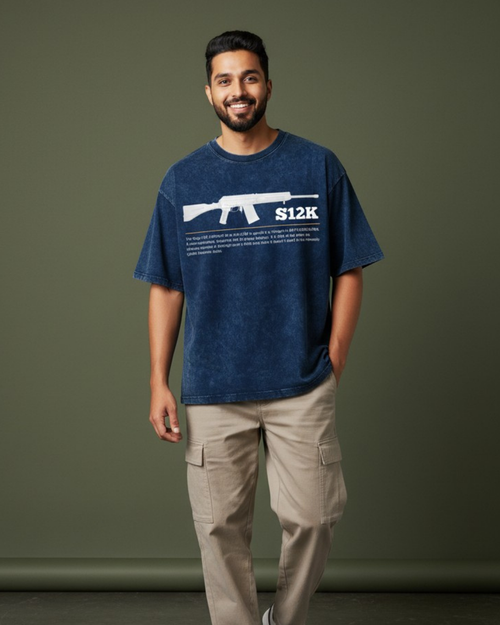 BGMI S12K – Close-Range Chaos Acid Wash Oversized T-Shirt | 240 GSM Heavyweight Tee - Navy / S - BGMI/PUBG