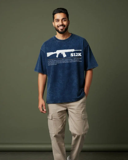 BGMI S12K – Close-Range Chaos Acid Wash Oversized T-Shirt | 240 GSM Heavyweight Tee - Navy / S - BGMI/PUBG