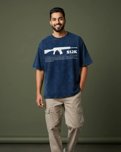 BGMI S12K – Close-Range Chaos Acid Wash Oversized T-Shirt | 240 GSM Heavyweight Tee - Navy / S - BGMI/PUBG