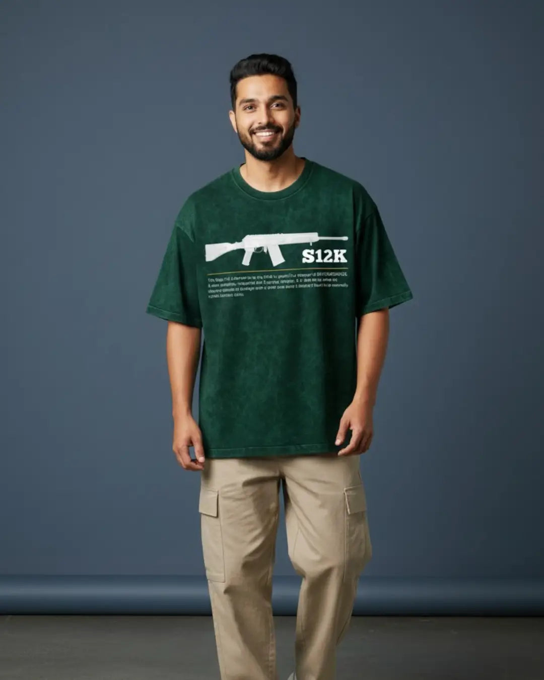 BGMI S12K – Close-Range Chaos Acid Wash Oversized T-Shirt | 240 GSM Heavyweight Tee - Bottle Green / S - BGMI/PUBG