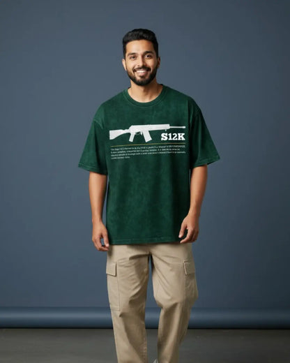 BGMI S12K – Close-Range Chaos Acid Wash Oversized T-Shirt | 240 GSM Heavyweight Tee - Bottle Green / S - BGMI/PUBG