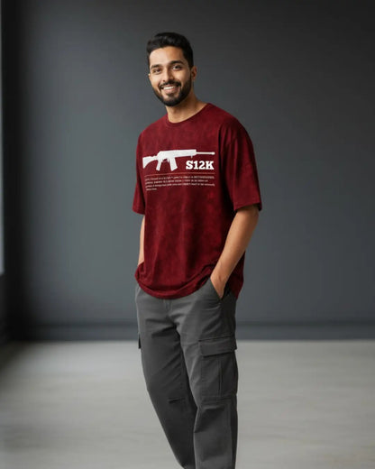 BGMI S12K – Close-Range Chaos Acid Wash Oversized T-Shirt | 240 GSM Heavyweight Tee - Maroon / S - BGMI/PUBG