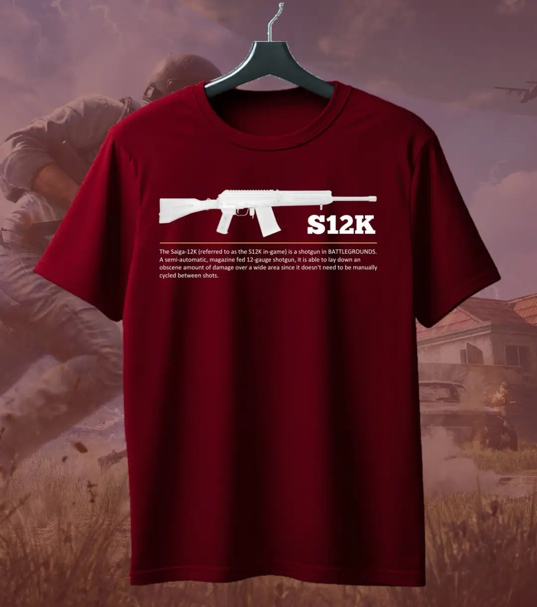 BGMI S12K T-Shirt | PUBG Shotgun Graphic Tee - Maroon / S - BGMI/PUBG