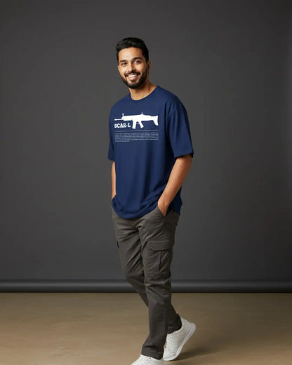 BGMI SCAR-L Oversized T-Shirt – Tactical Spray Control | 240 GSM Heavyweight Gamer Tee - Navy / XS / 180GSM - Valorant
