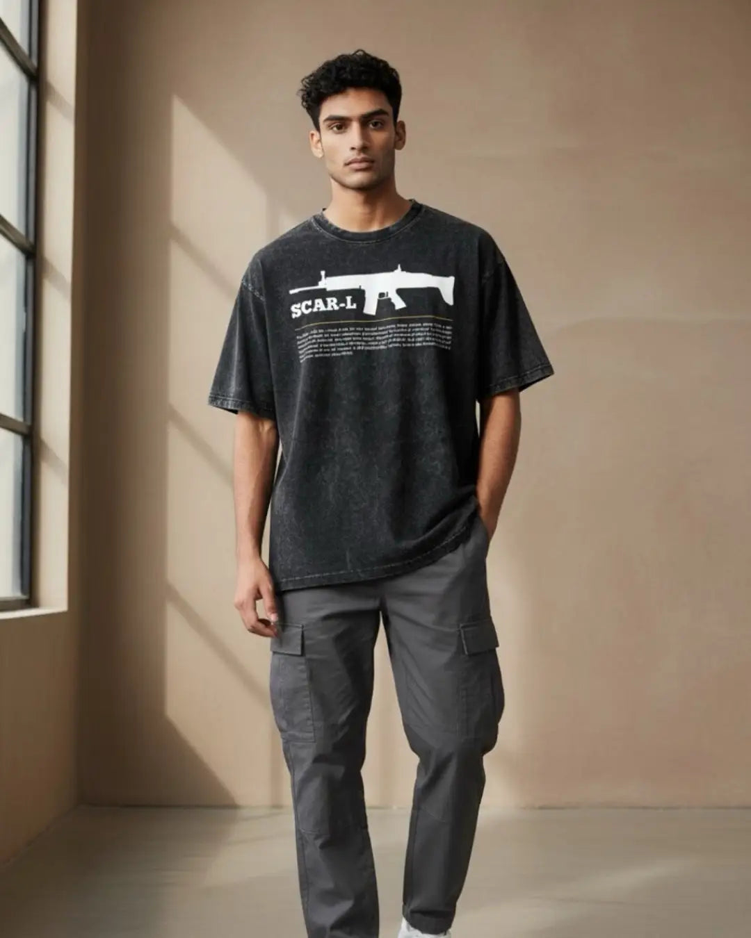 BGMI SCAR-L – Shadow Ops Acid Wash Oversized T-Shirt | 240 GSM Heavyweight Tee - Black / S - BGMI/PUBG