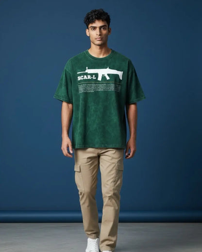 BGMI SCAR-L – Shadow Ops Acid Wash Oversized T-Shirt | 240 GSM Heavyweight Tee - Bottle Green / S - BGMI/PUBG