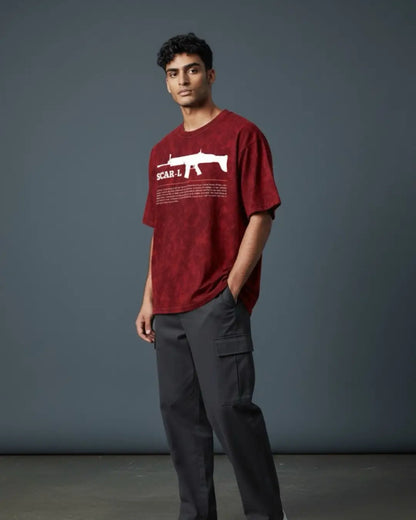 BGMI SCAR-L – Shadow Ops Acid Wash Oversized T-Shirt | 240 GSM Heavyweight Tee - Maroon / S - BGMI/PUBG