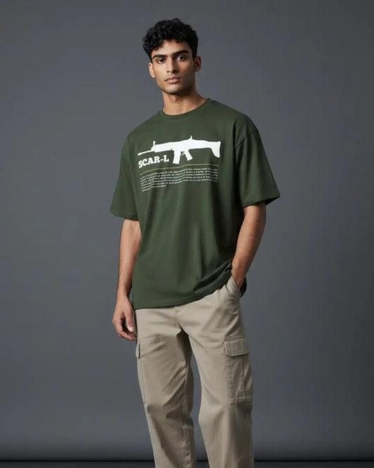 BGMI SCAR-L T-Shirt | PUBG Tactical AR Graphic Tee - Bottle Green / S - BGMI/PUBG