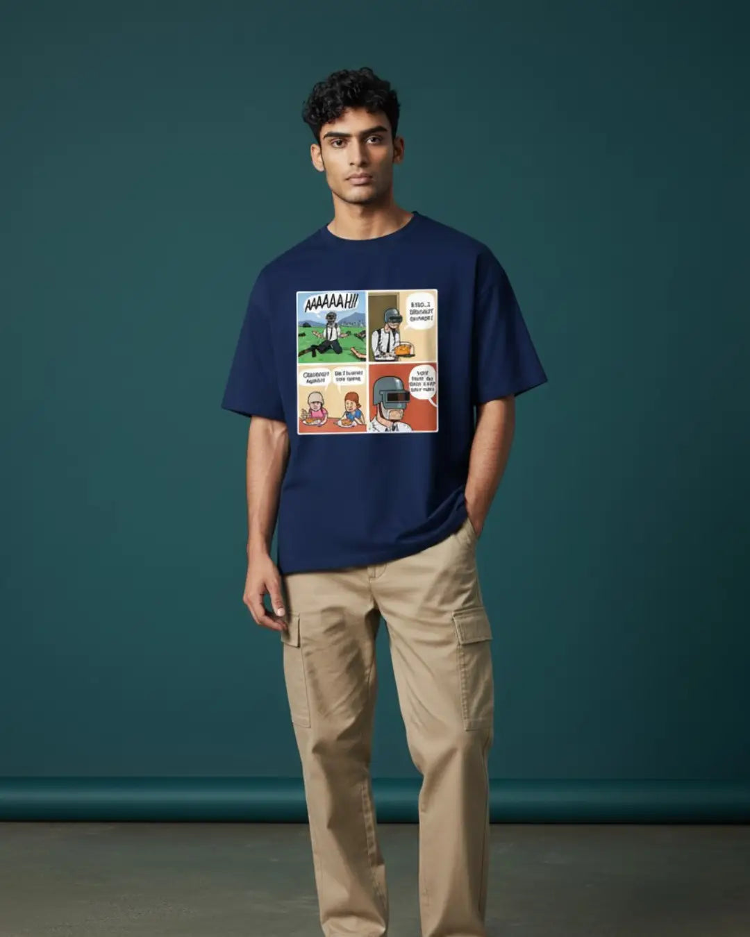 BGMI Winner Winner Chicken Dinner Comic Oversized T-Shirt – Victory Graphic Tee | 240 GSM Heavyweight Gamer Tee - Navy