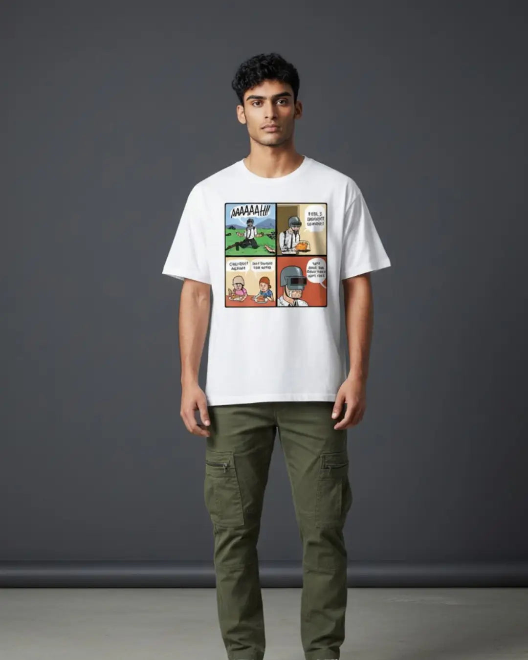 BGMI Winner Winner Chicken Dinner Comic Oversized T-Shirt – Victory Graphic Tee | 240 GSM Heavyweight Gamer Tee - White