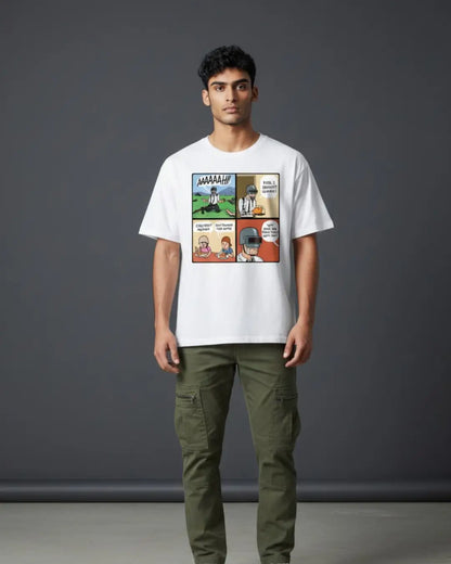 BGMI Winner Winner Chicken Dinner Comic Oversized T-Shirt – Victory Graphic Tee | 240 GSM Heavyweight Gamer Tee - White