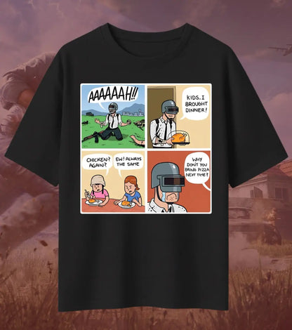 BGMI Winner Winner Chicken Dinner Comic Oversized T-Shirt – Victory Graphic Tee | 240 GSM Heavyweight Gamer Tee - Black