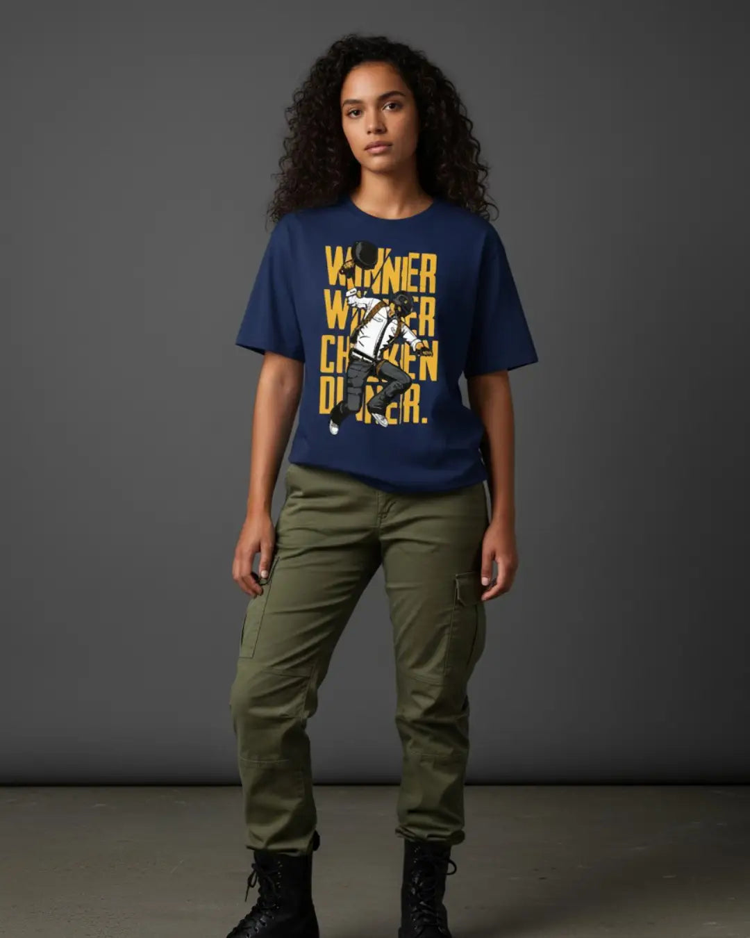 BGMI Winner Winner Chicken Dinner Oversized T-Shirt – Victory Quote Tee | 240 GSM Heavyweight Gamer Tee - Navy / XS