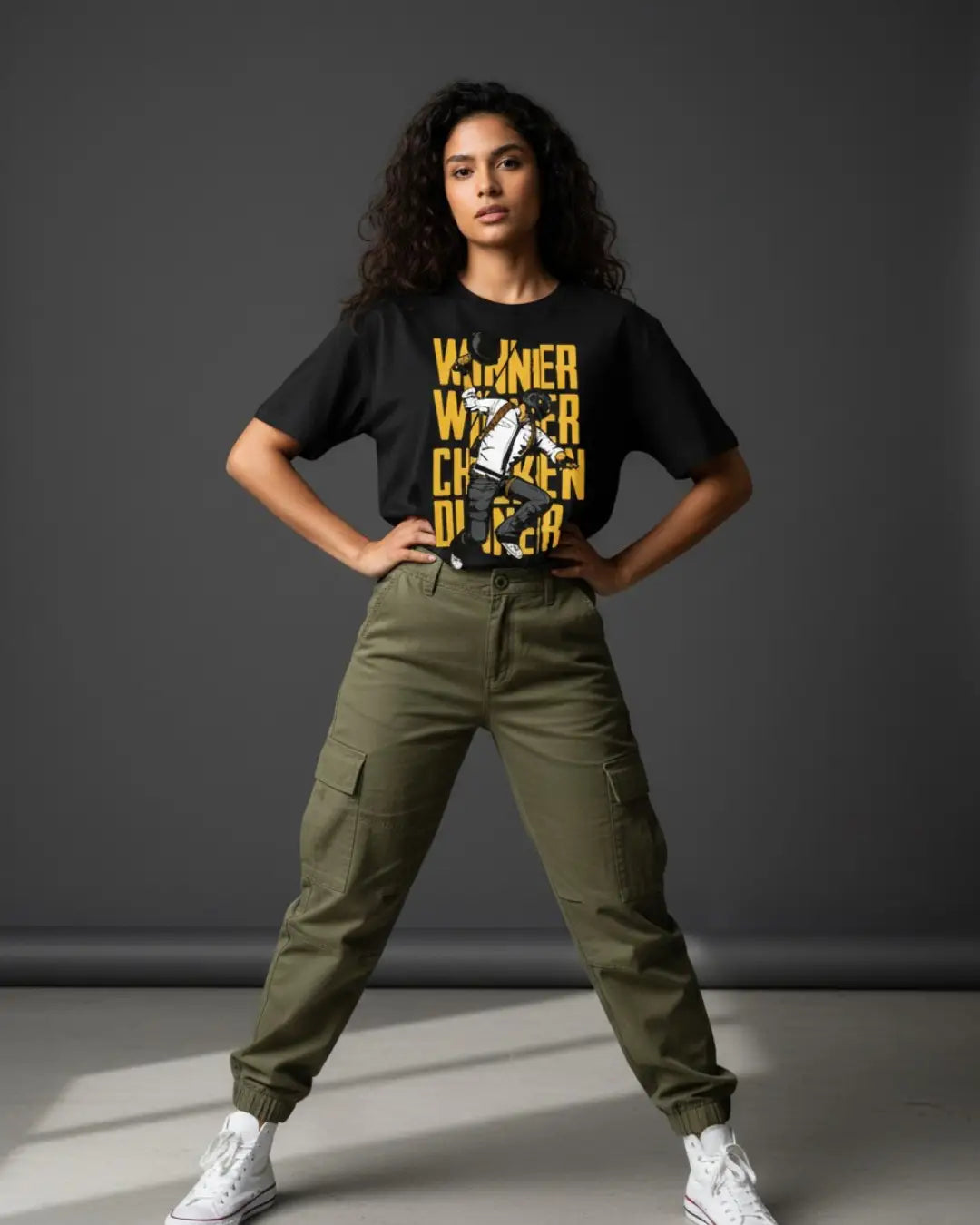 BGMI Winner Winner Chicken Dinner Oversized T-Shirt – Victory Quote Tee | 240 GSM Heavyweight Gamer Tee - Black / XS