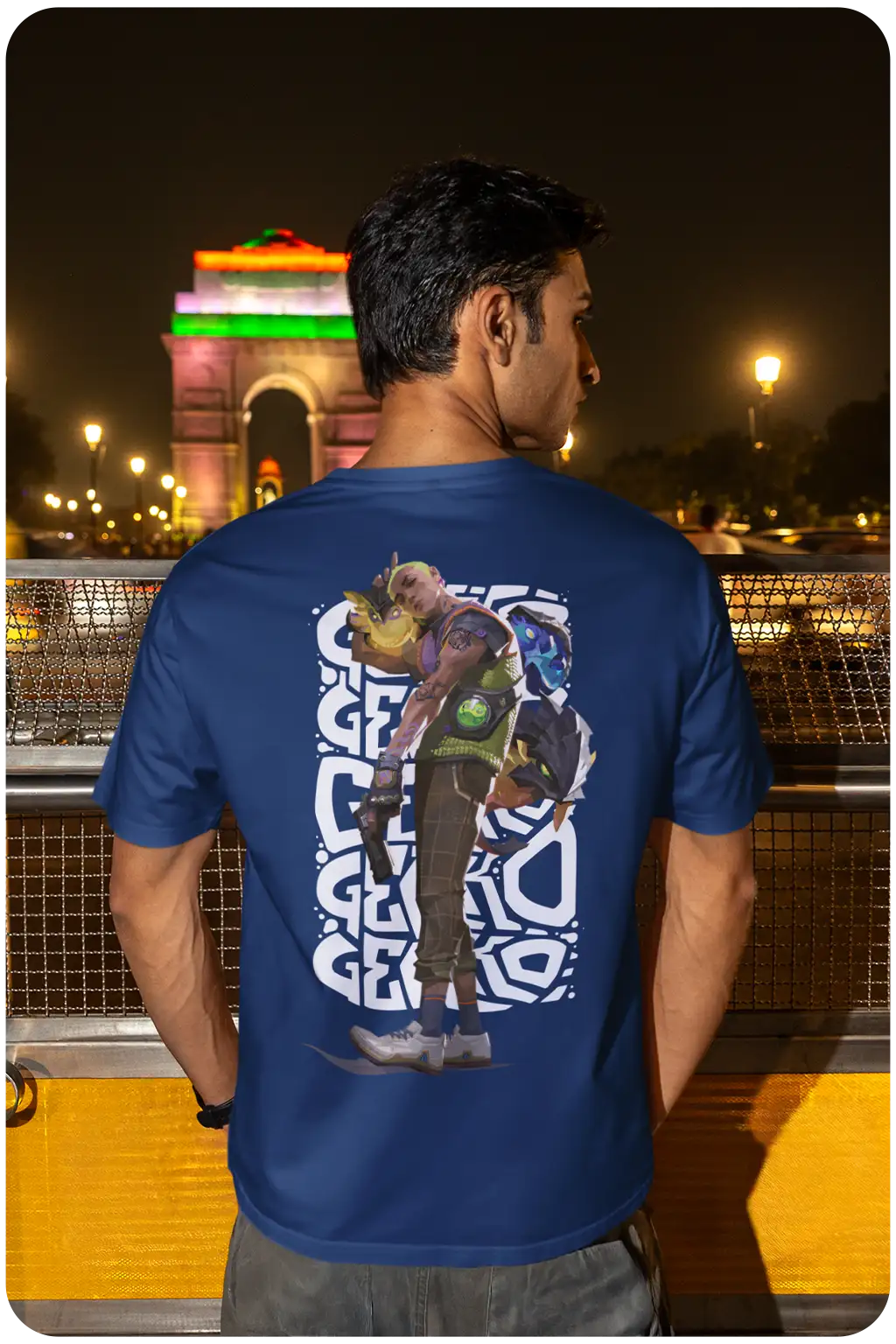 Blue cotton t-shirt featuring a vibrant graphic of two animated characters in an action pose, surrounded by bold white stylized lettering.