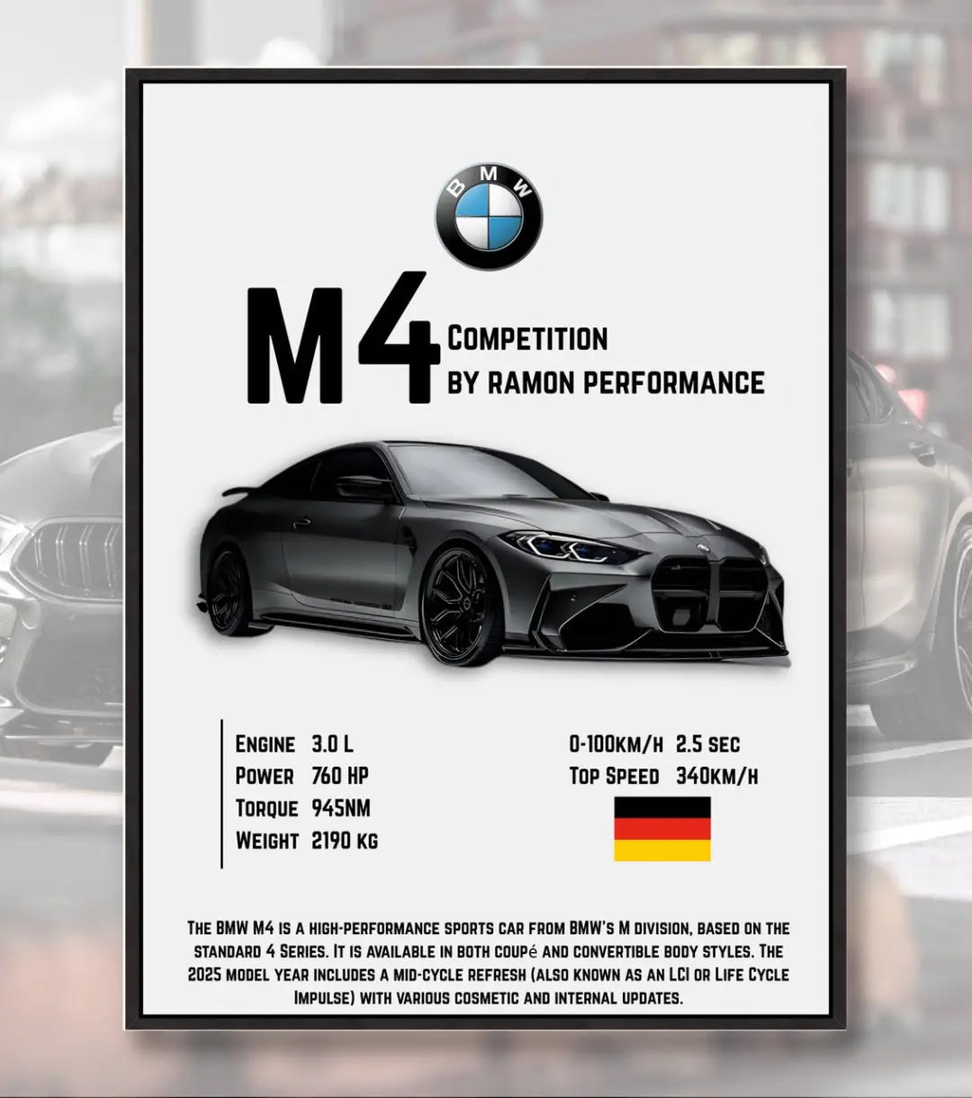 BMW M4 Competition Poster - A4 / Black Frame - Automotive