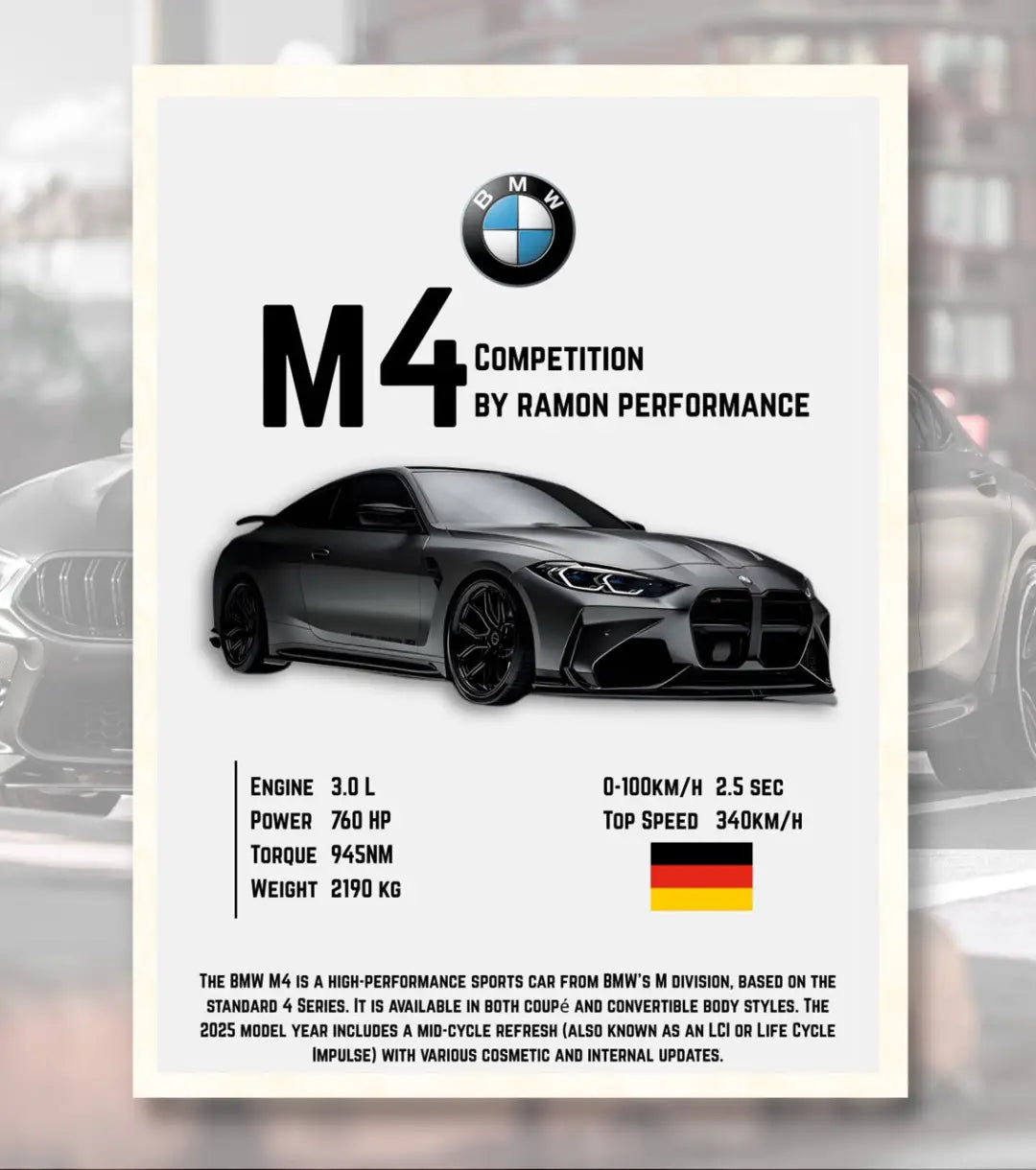 BMW M4 Competition Poster - A4 / White frame - Automotive