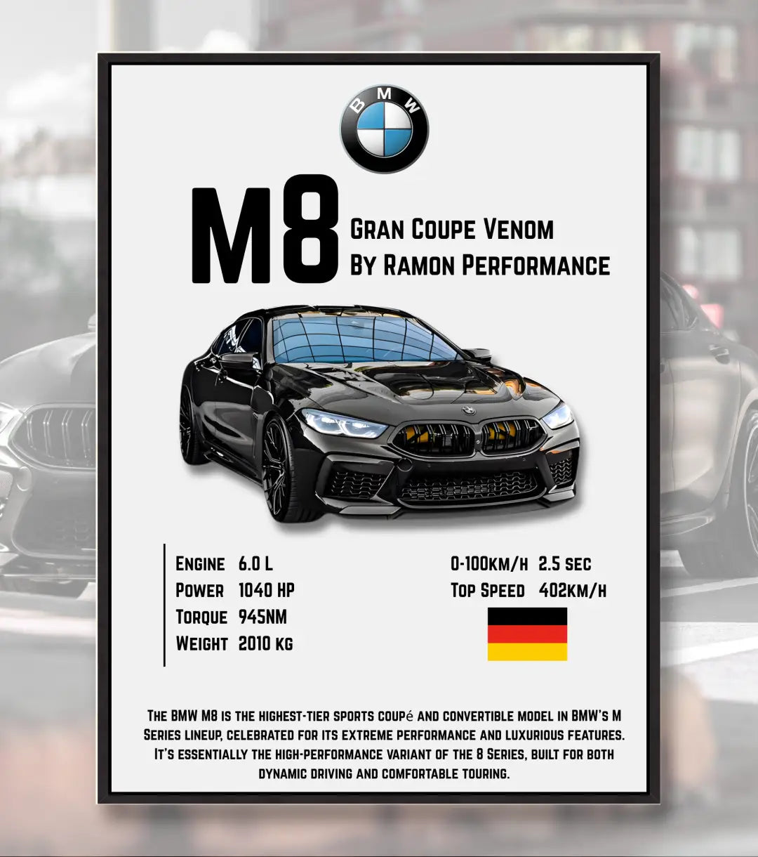 BMW M8 Gran Coupe Venom Poster - A4 / Black Frame - Automotive