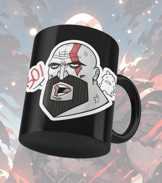 BOI Kratos Meme Mug – Funny Gaming Coffee Mug | Cartoon Gamer Cup | Premium Ceramic Gift for Gamers - Black - god of war