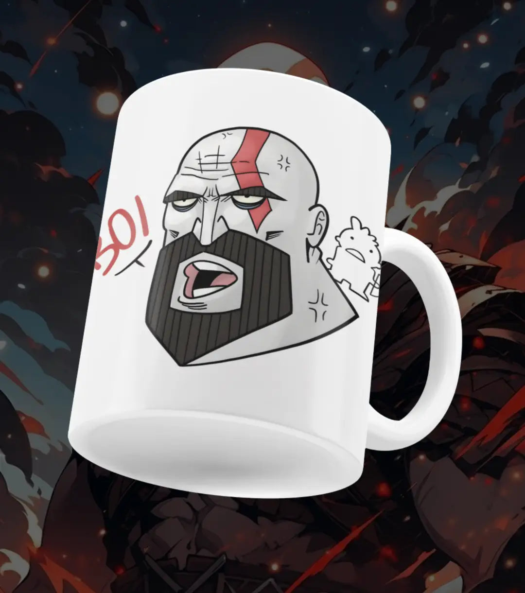 BOI Kratos Meme Mug – Funny Gaming Coffee Mug | Cartoon Gamer Cup | Premium Ceramic Gift for Gamers - White - god of war