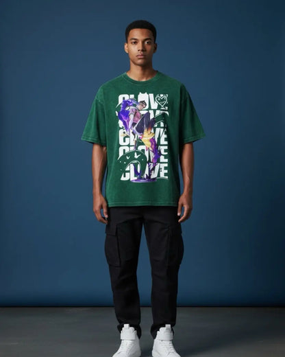 Clove – Eternal Mischief Valorant Acid Wash Tee | Bold Gamer Streetwear - Bottle Green / XS - Valorant