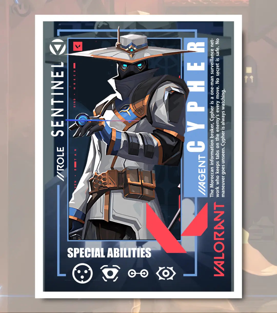 Cypher Valorant Poster – Shadow Surveillance Wall Art | Always Watching Always Sharp - A4 / White frame - Valorant