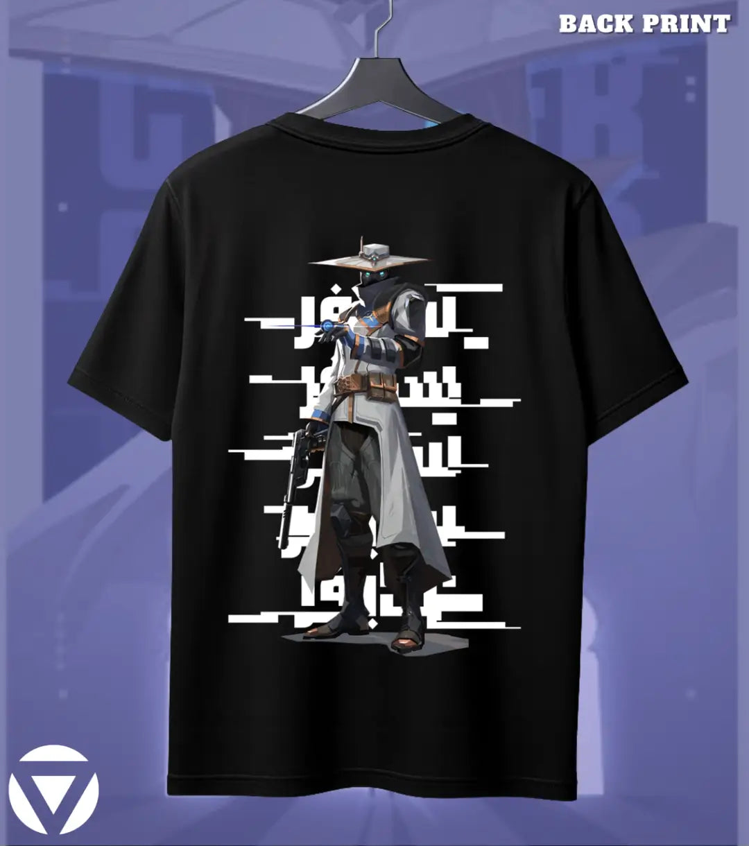 Cypher - Watchful Eye Valorant T Shirt | Always On Duty Tee - Back (Duel Print) Black / S - Valorant