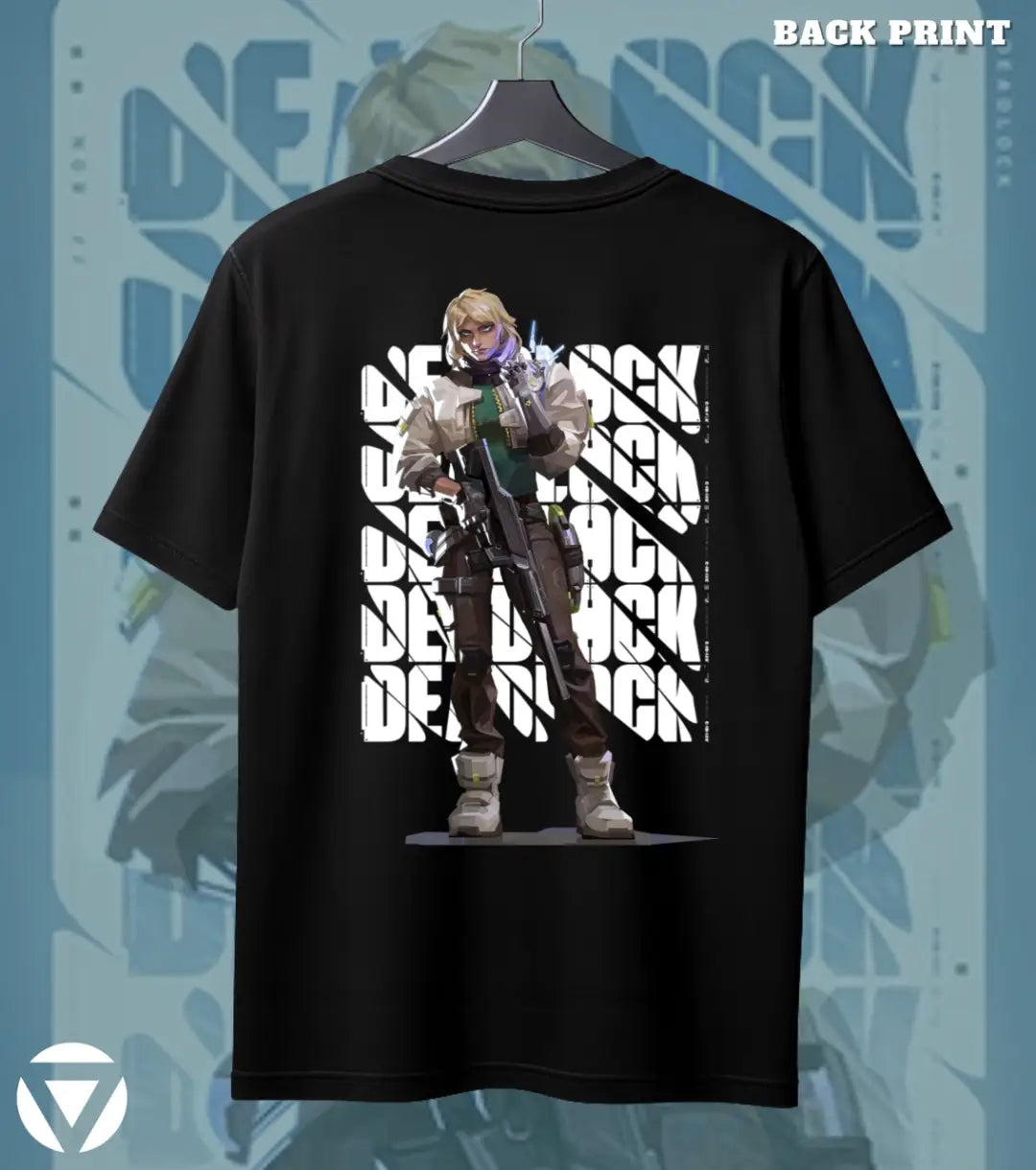 Deadlock - Sentinel Steel Valorant T Shirt | Lock It Down Tee - Back (Dual Print) / Black / S - Valorant