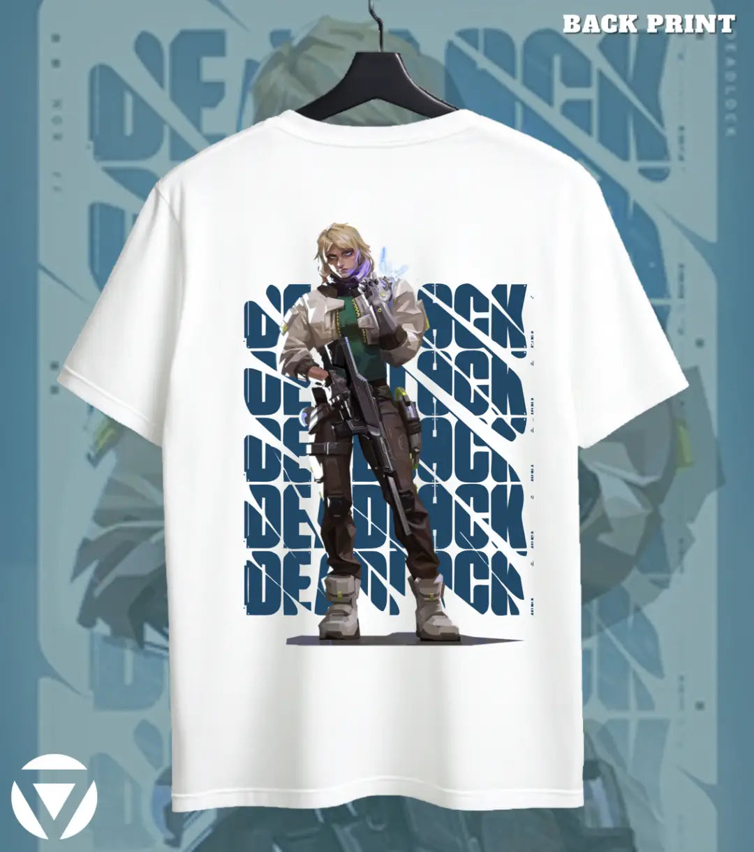 Deadlock - Sentinel Steel Valorant T Shirt | Lock It Down Tee - Back (Dual Print) / White / S - Valorant