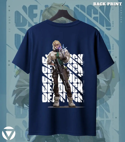 Deadlock - Sentinel Steel Valorant T Shirt | Lock It Down Tee - Back (Dual Print) / Navy / S - Valorant