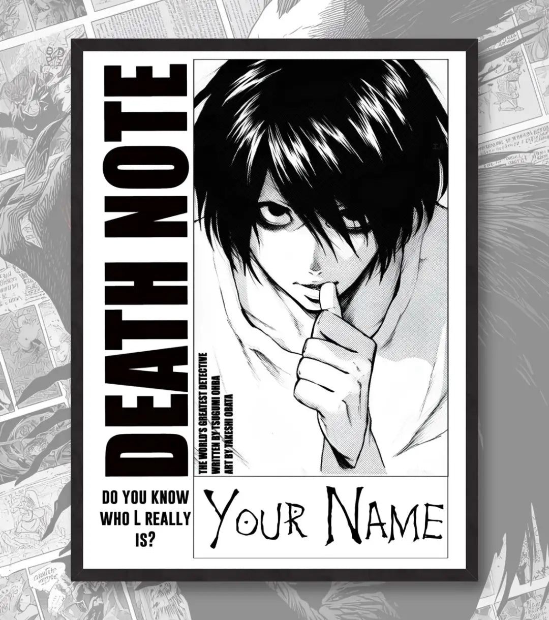 Death Note Custom Name Poster | Choose Light or L - A4 / L / Black Frame - Death Note