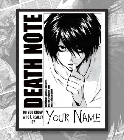 Death Note Custom Name Poster | Choose Light or L - A4 / L / Black Frame - Death Note