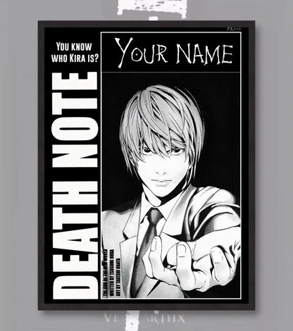 Death Note Custom Name Poster | Choose Light or L - A4 / Light / Black Frame - Death Note