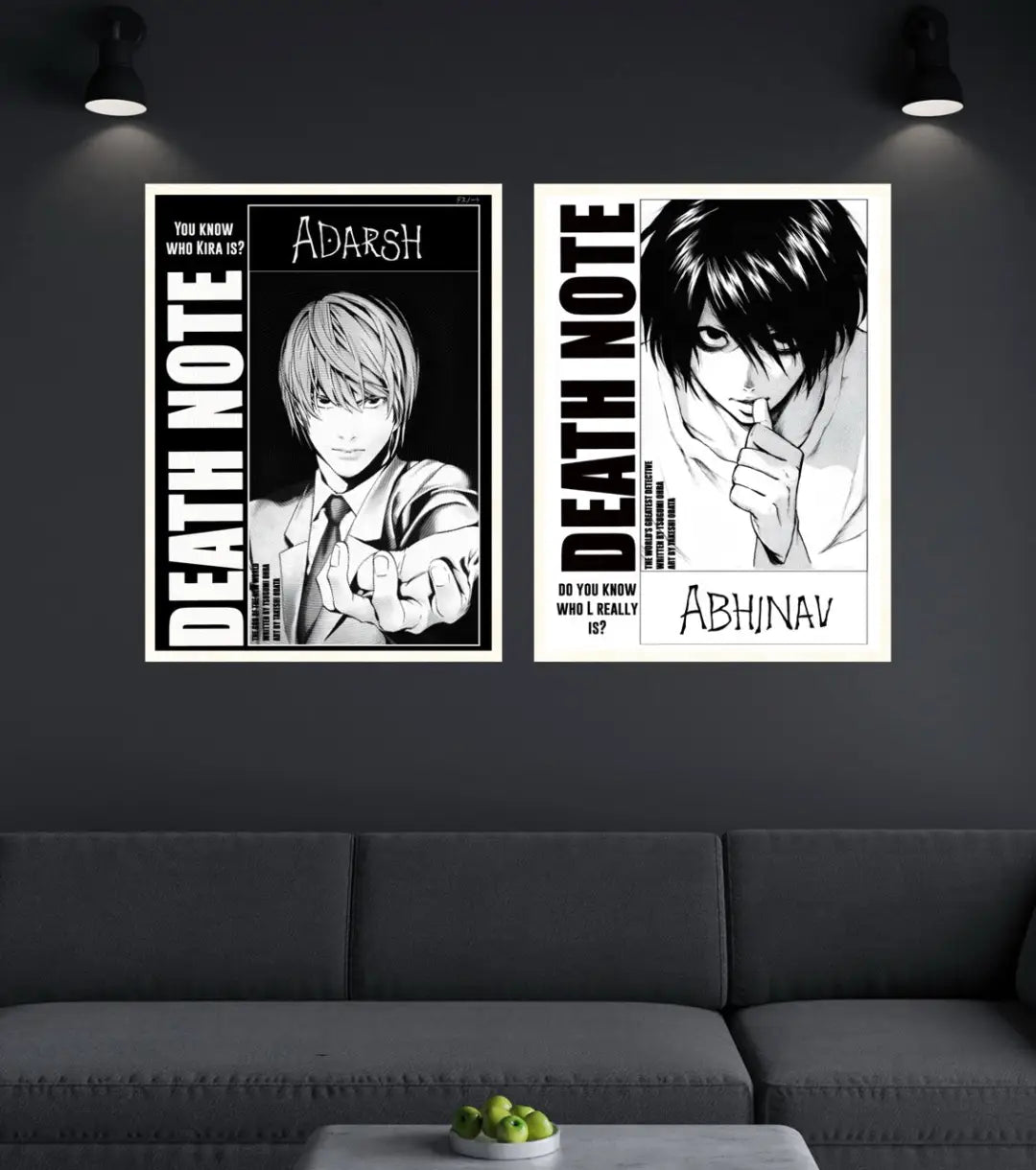 Death Note Custom Name Poster | Choose Light or L - A4 / Both / White frame - Death Note