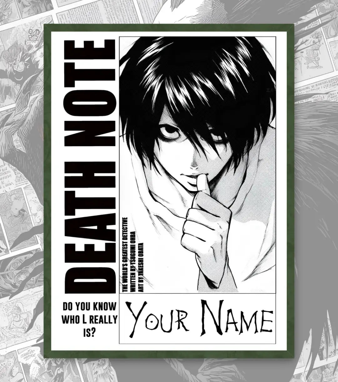 Death Note Custom Name Poster | Choose Light or L - A4 / L / Bottle Green - Death Note