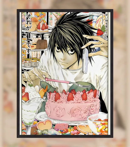 Death Note L Dessert Poster | Sweet Genius Detective Wall Art - A4 / Black Frame - Death Note